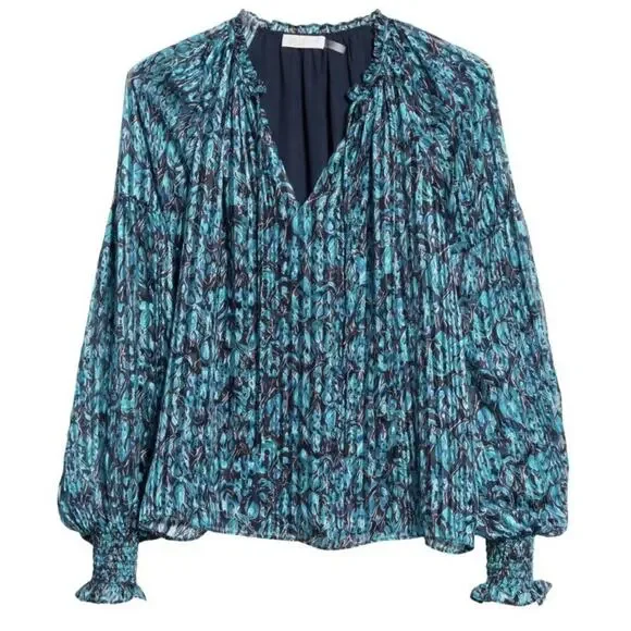 Ramy Brook Luanne Silk Pleated Smocked Teal Combo Long Sleeve Blouse